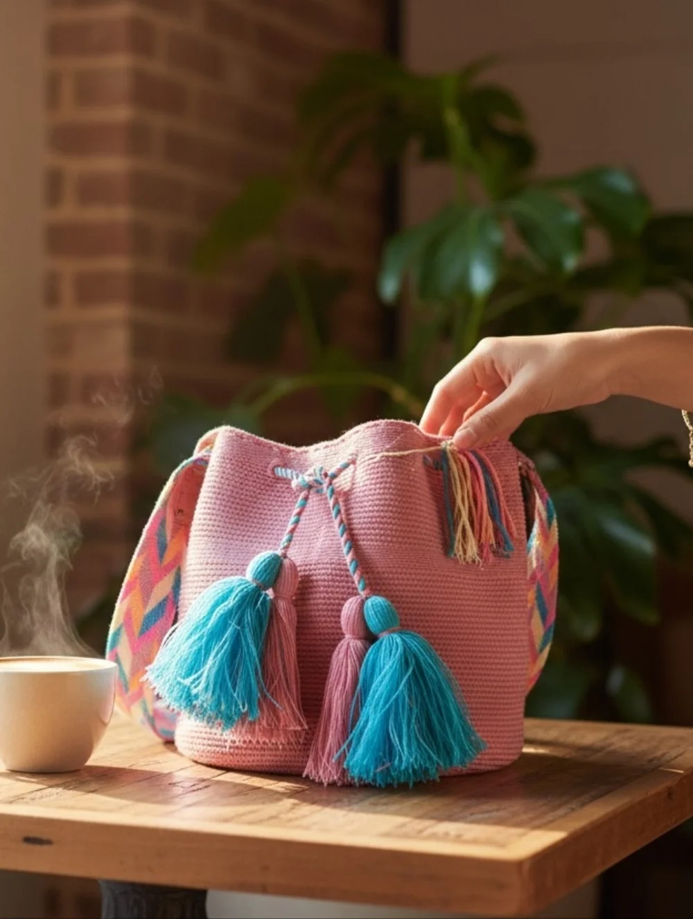 Wayuu Tribe Pink Woven Bucket Bag with Blue Tassels and Multicolor Strap